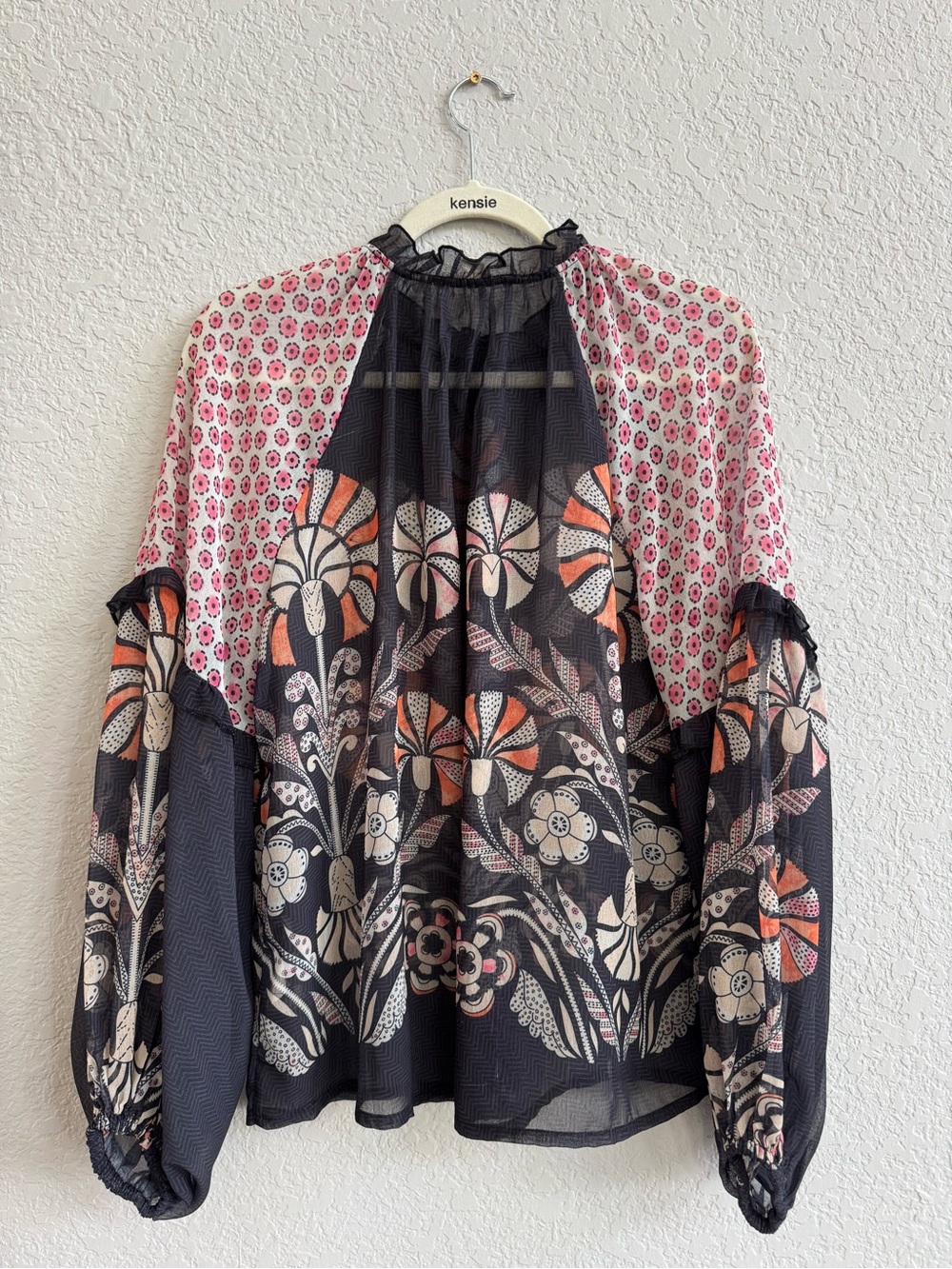Anthro Dark Blue Sheer Floral-Print Balloon Sleeve Blouse with Pink Accents - Picture 2 of 2